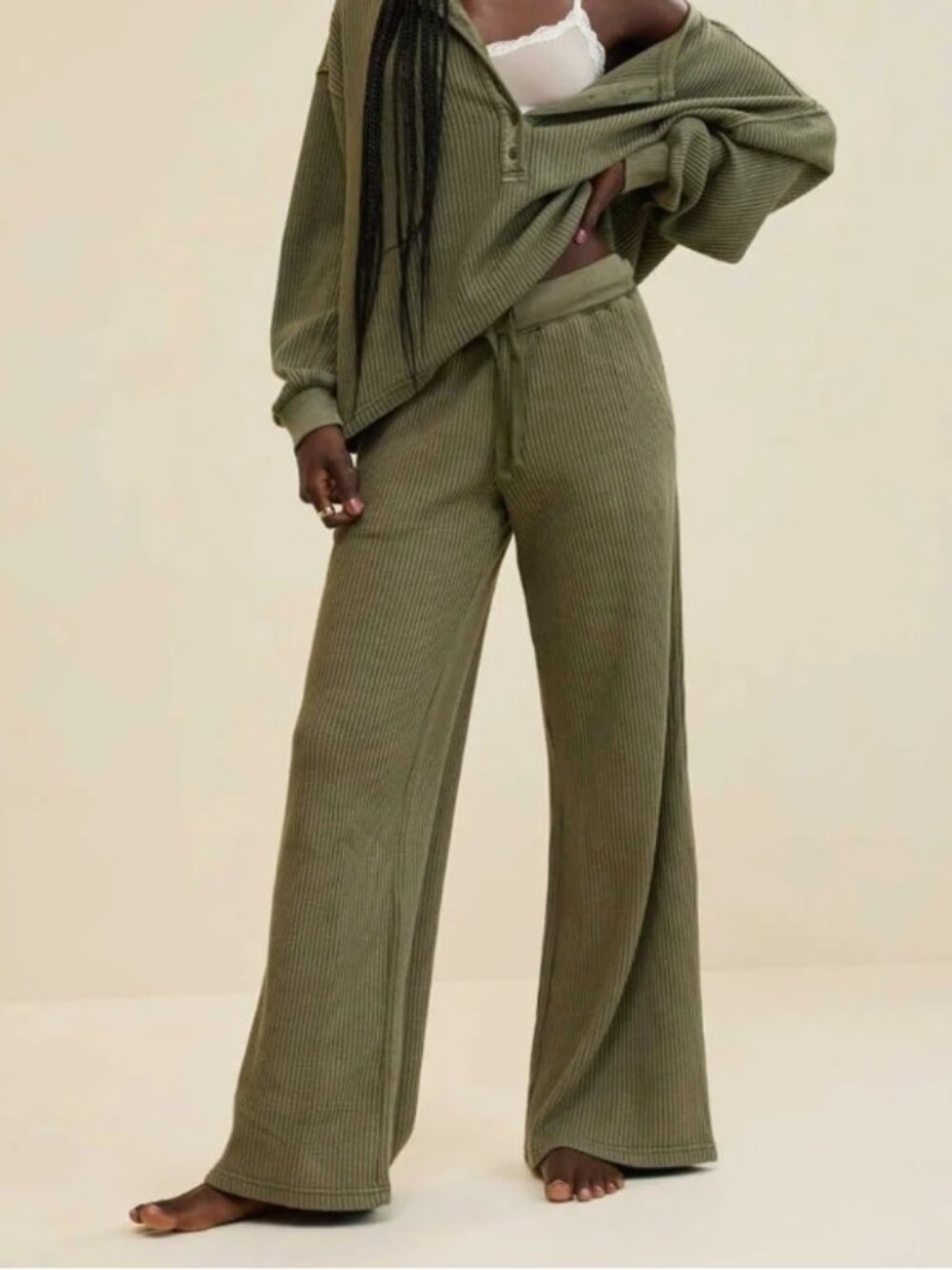 SET: Aerie Waffle Wide Leg Skater Pant & Waffle Henley Shirt | Size XXL